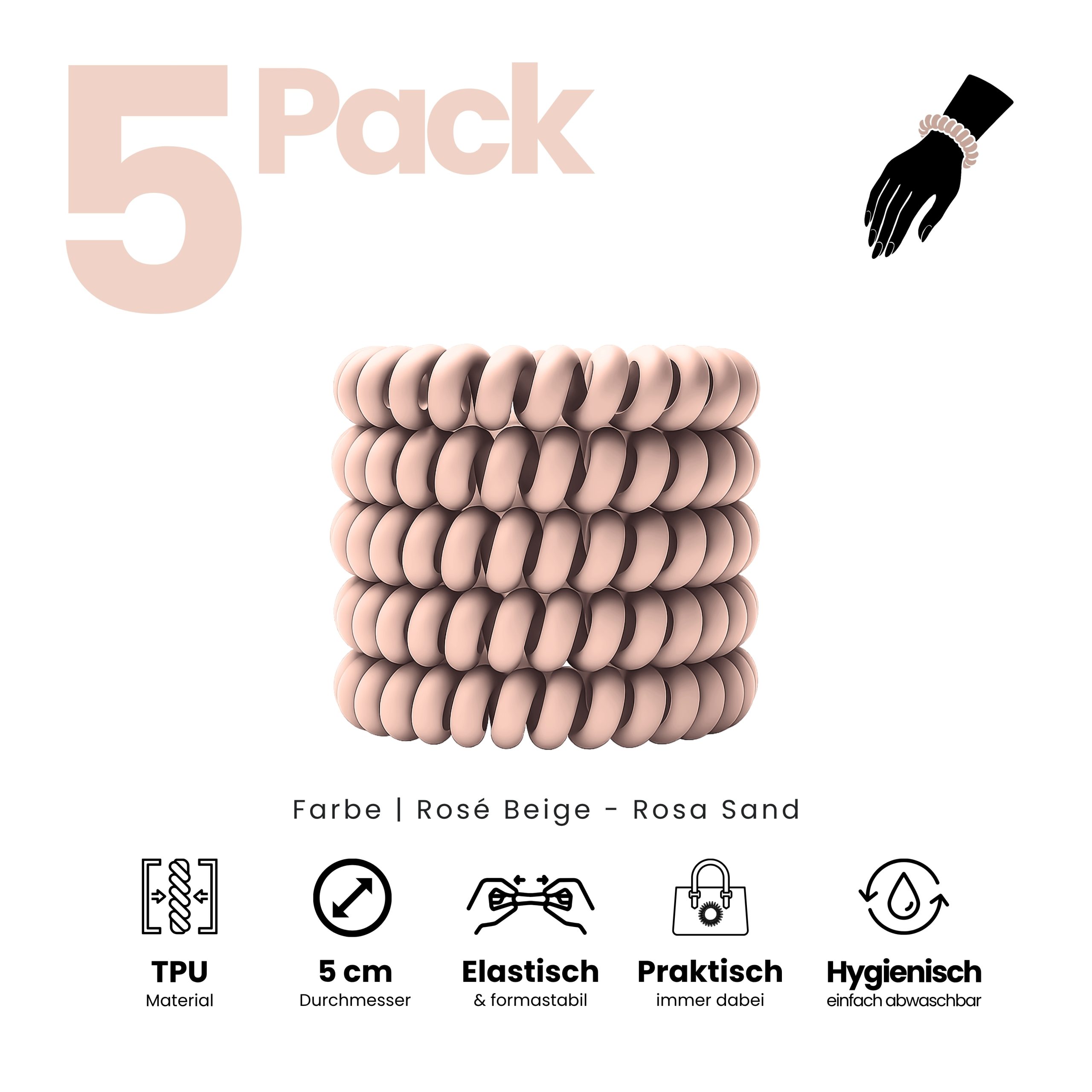 Spiral Haargummi Rosé Beige | 5er Pack - 5cm – Bild 2