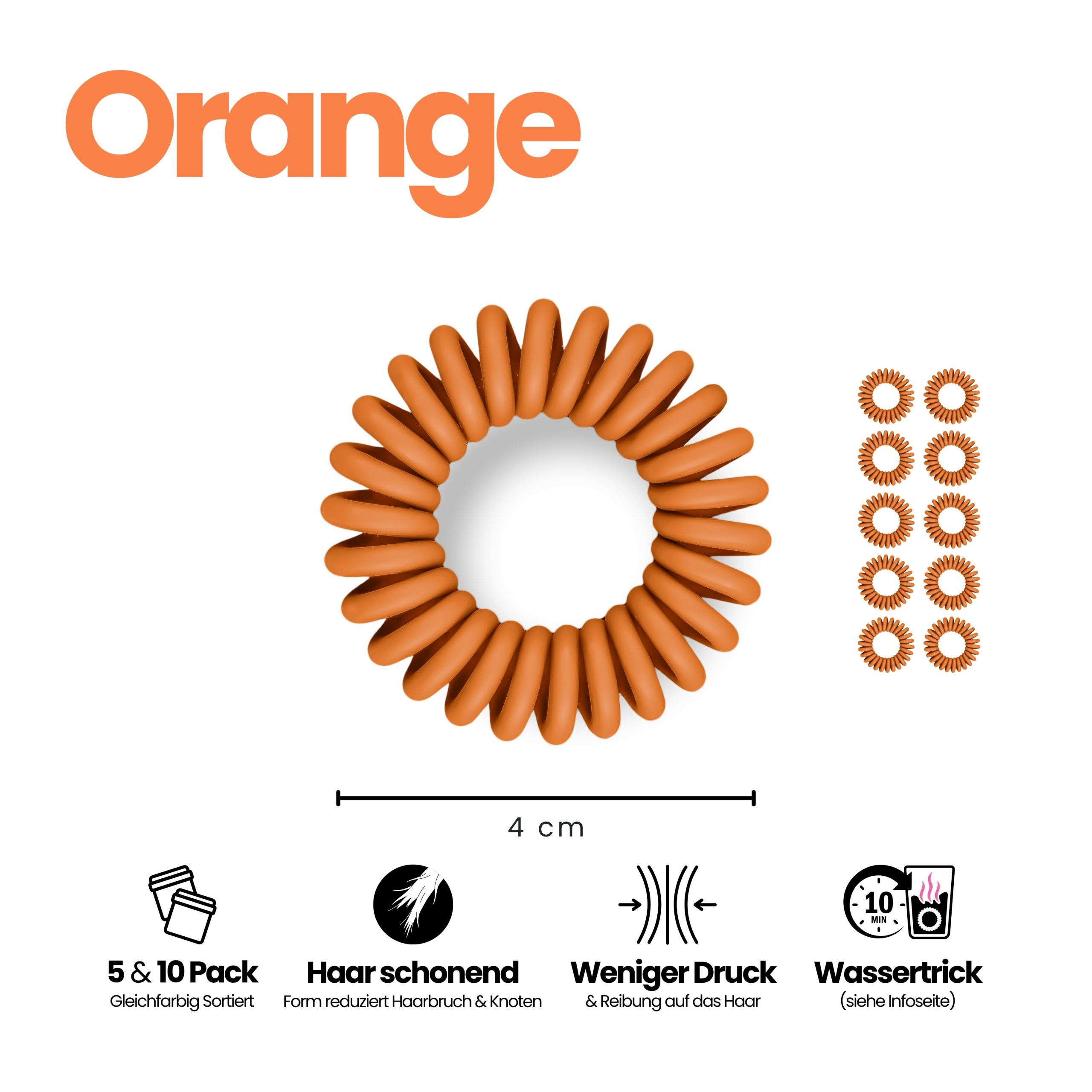 Spiral Haargummi Orange | 10er Pack - 4cm – Bild 3