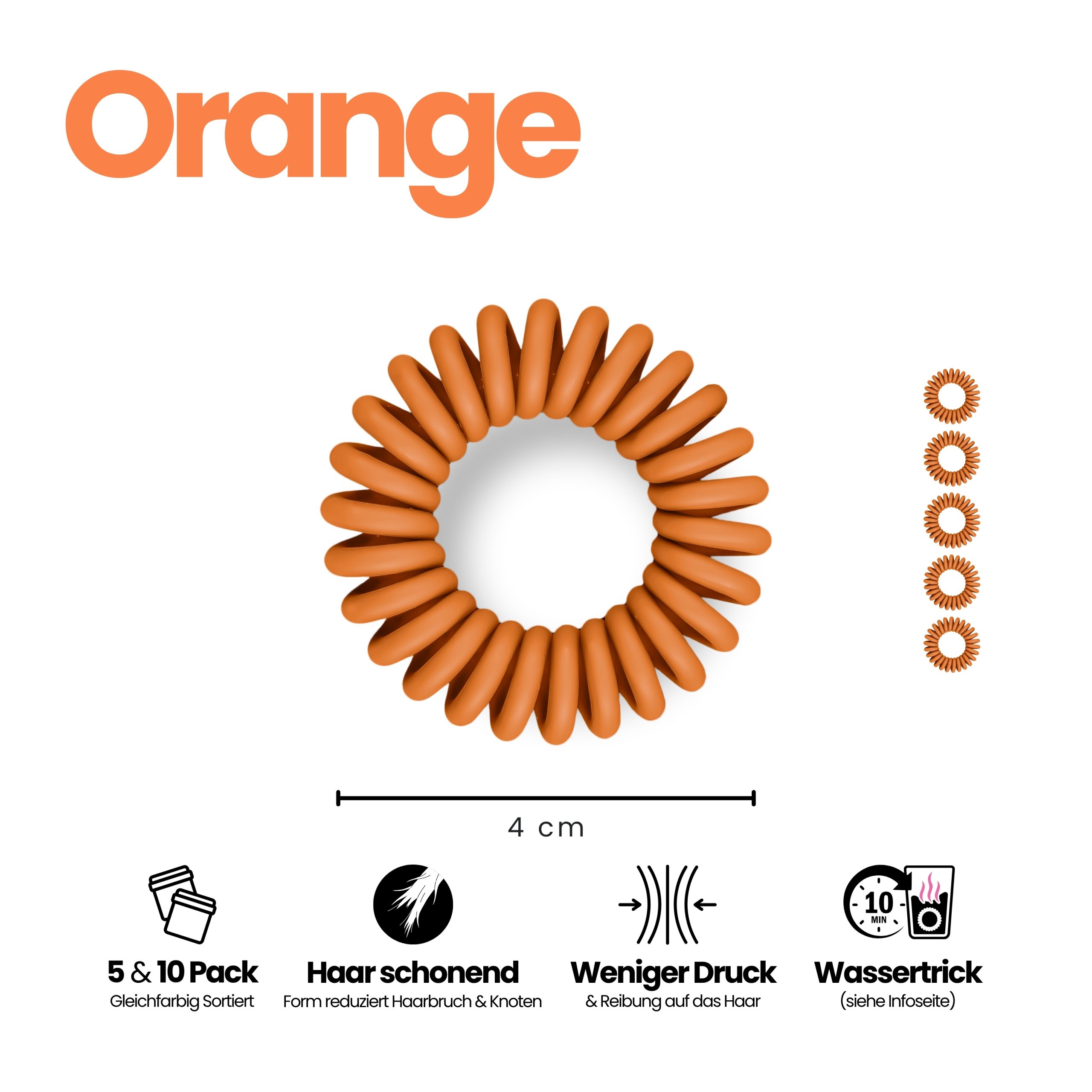 Spiral Haargummi Orange | 5er Pack - 4cm – Bild 3