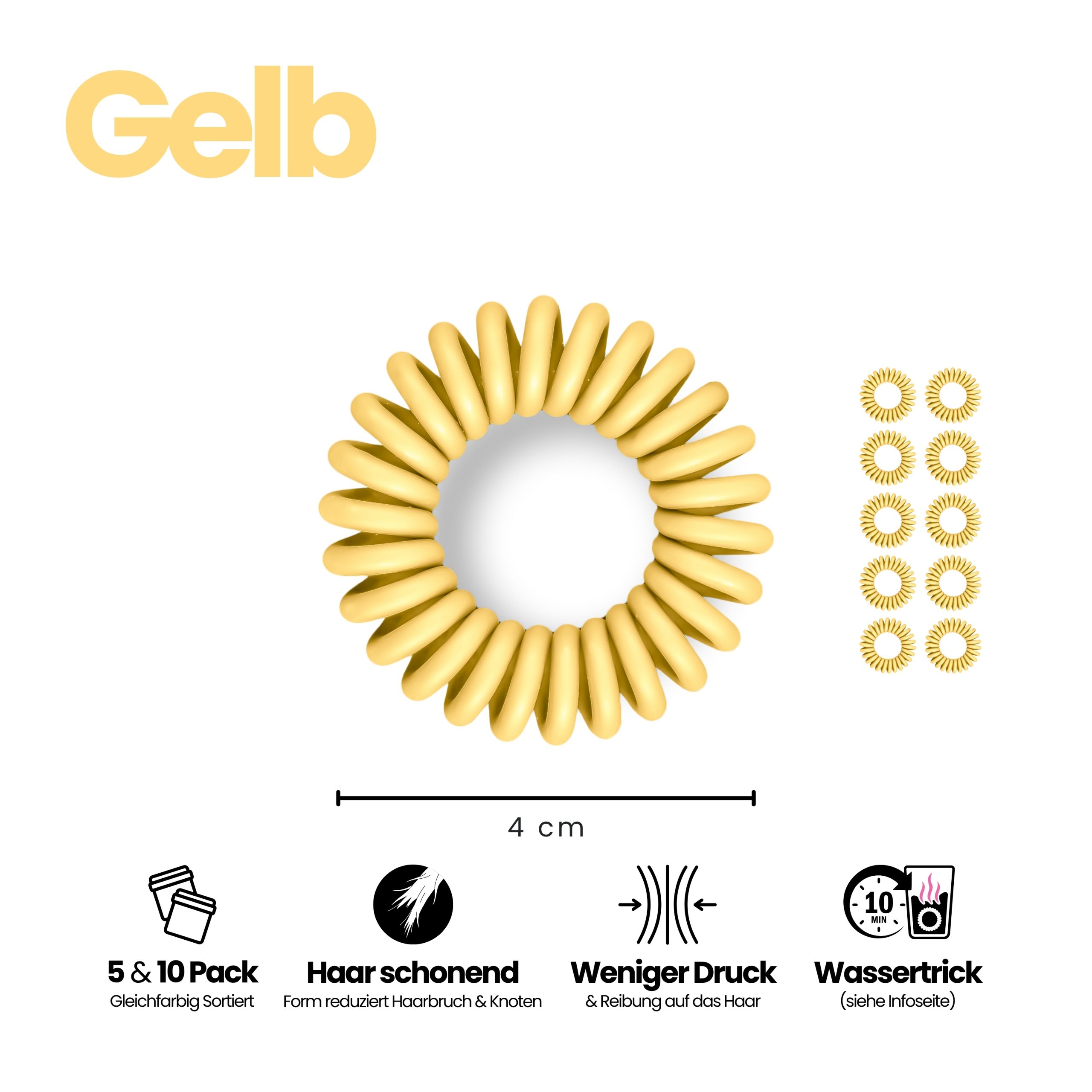 Spiral Haargummi Gelb | 10er Pack - 4cm – Bild 3